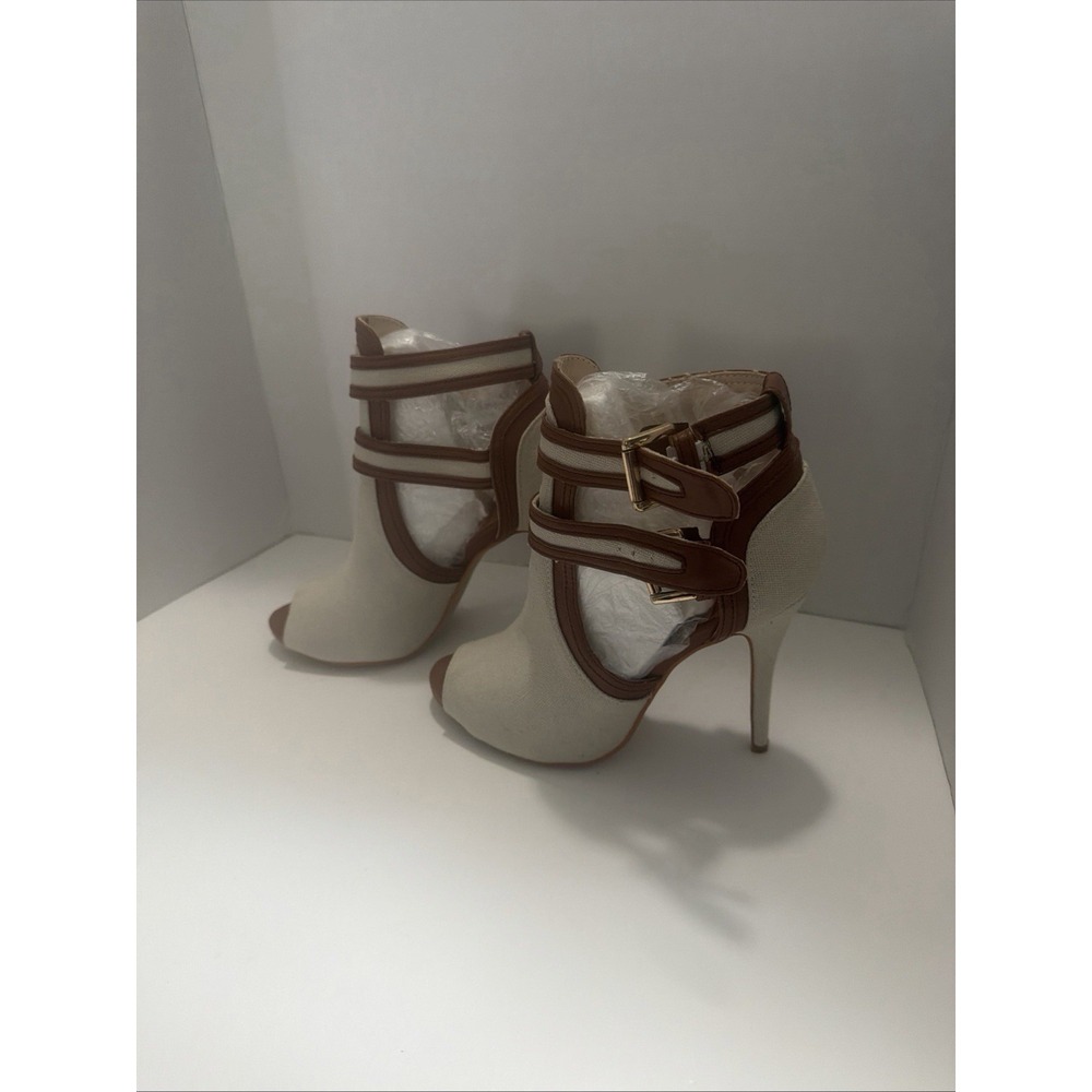 Canvas Peep Toe Stiletto Ankle Booties Cream Brown Triple Buckle Straps Heels